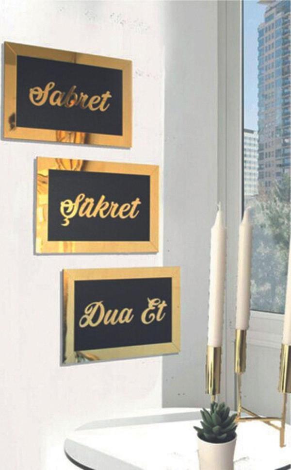 Gizem Shop Sabret Şükret Dua Et 3D 3'Lü Set (26*16) Gold - Image 1