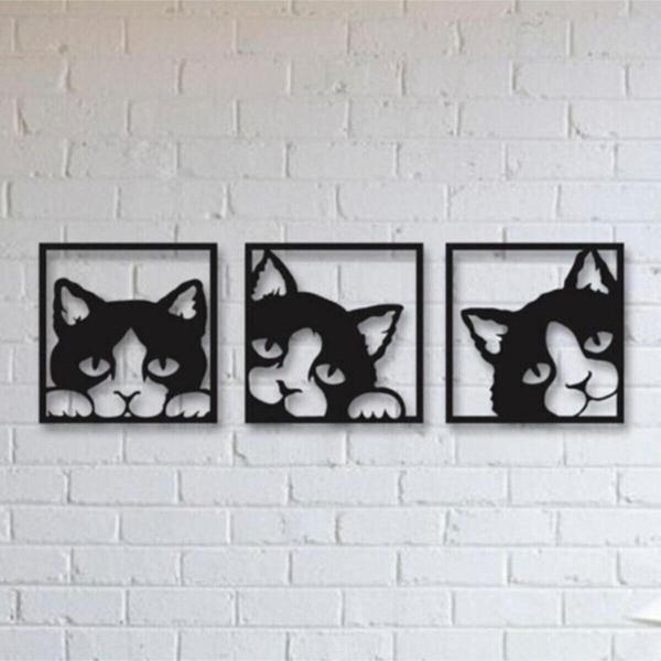 Odun Marketi 3Lü Kedi Ahşap Dekoratif Duvar Tablosu 30X30 Cm - Image 1