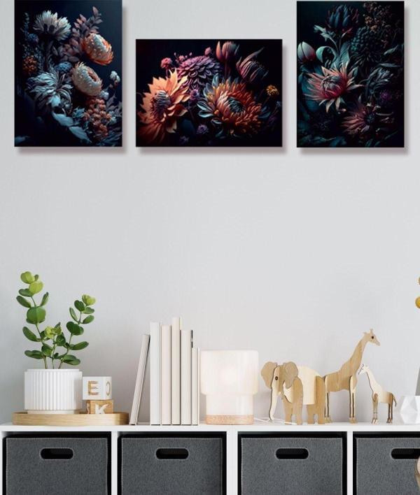 Yalova Shop Dekoratif Karanlığa Doğan Çiçekler 3 Lü Tablo Seti Gothic Sanat Tarzı - Image 1