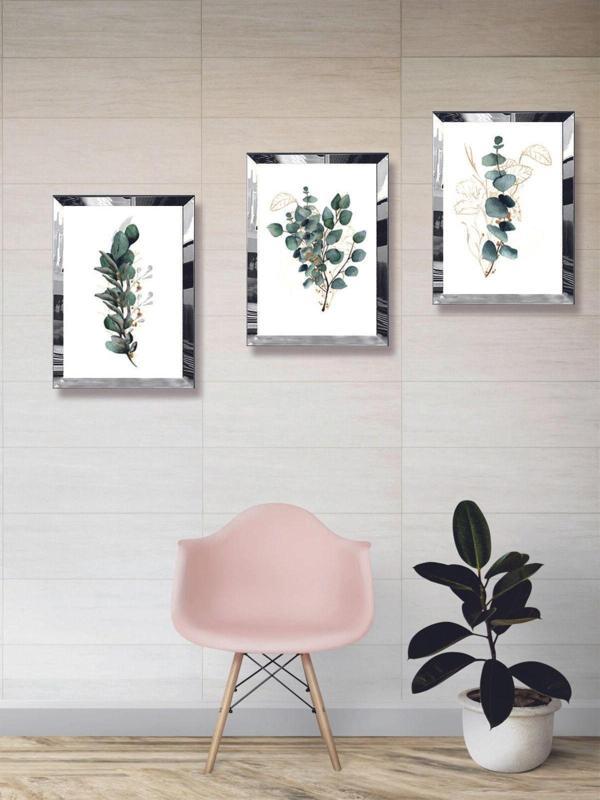 Yalova Shop Modern Sanatsal Dijital Uv Baskı Gümüş Ayna Pleksi Çerçeveli 3'Lü Yeşil Çiçek Tablo Seti - Image 1