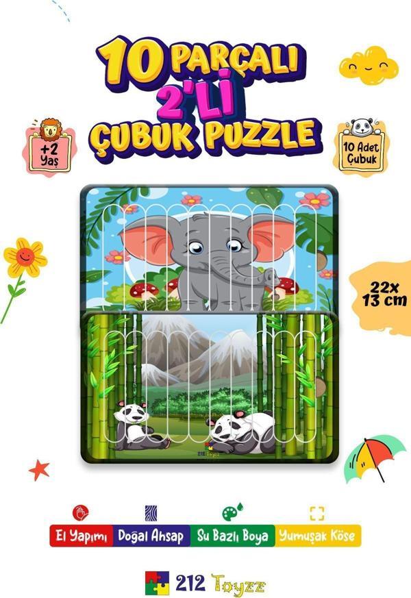 212Toyzz Eğitici Öğretici Sevimli Fil+Sevimli Panda Dikey 10 Parçalı Ahşap Çubuk Yap Boz Puzzle 2Li Set - Image 1