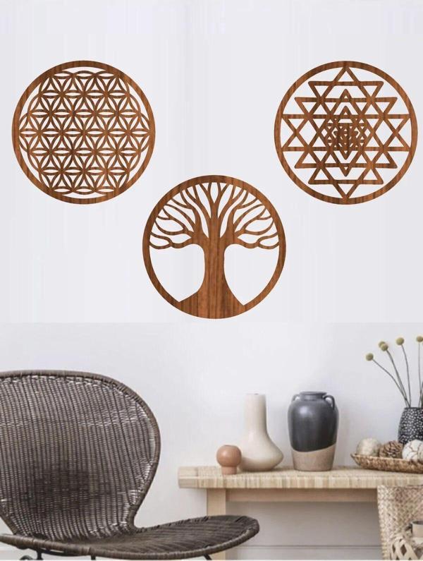 212Toyzz Kahverengi Ahşap Yaşam Çiçeği Sriyantra Ve Torus 3 Lü Set Duvar Tablo - Image 1