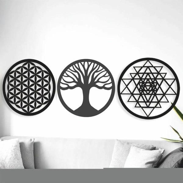212Toyzz Siyah Ahşap Yaşam Çiçeği Sri Yantra Torus Hayat Ağacı 3'Lü Set Duvar Tablosu - Image 1