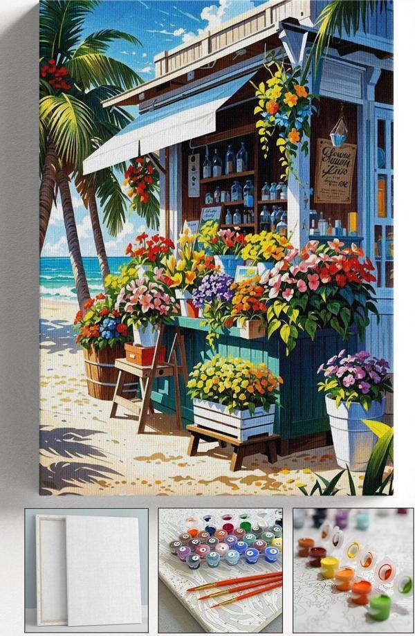Corvo Sayılarla Boyama Çerçeveli Hobi Seti Numaralı Tuval Fırça Boya Dahil Kasnaklı Çiçekçi 40X50 Cm - Image 1