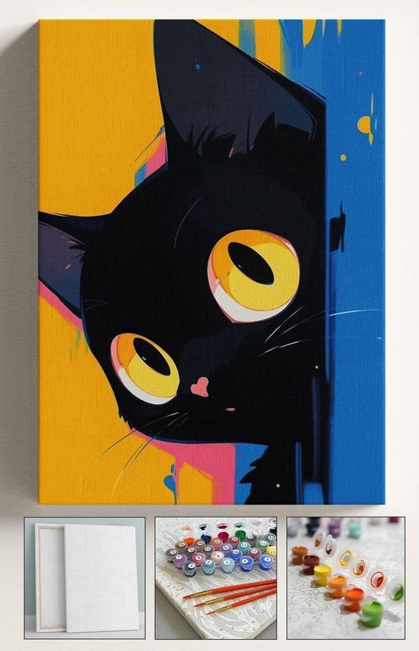 Corvo Sayılarla Boyama Hobi Seti Çerçeveli Numaralı Tuval Fırça Boya Kasnaklı Siyah Gizli Kedi 40X50 Cm - Image 1