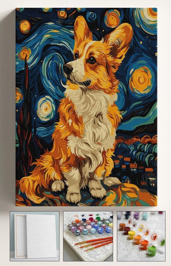 Corvo Sayılarla Boyama Hobi Seti Çerçeveli Numaralı Tuval Fırça Boya Kasnaklı Yıldızlar Corgi 40X50 Cm - Image 1