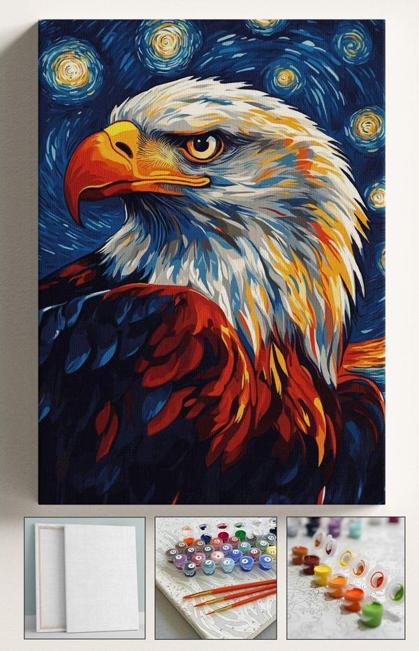 Corvo Sayılarla Boyama Hobi Seti Çerçeveli Numaralı Tuval Fırçaboya Kasnaklı Yıldızlı Gece Kartal 40X50 Cm - Image 1