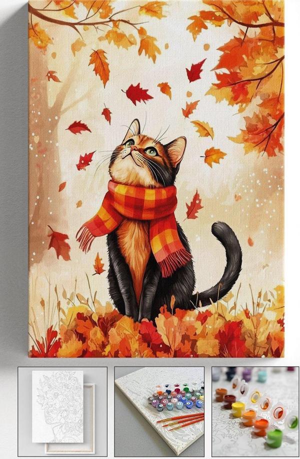 Corvo Sayılarla Boyama Kasnaklı Tablo Seti Fırça Boya Dahil Sonbahar Kedi 40X50 - Image 1