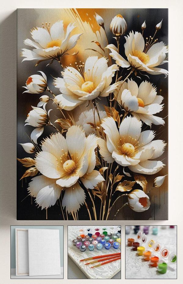 Corvo Sayılarla Boyama Çerçeveli Hobi Seti Numaralı Tuval Fırça Boya Dahil Kasnaklı Gold Çiçek 40X50 Cm - Image 1