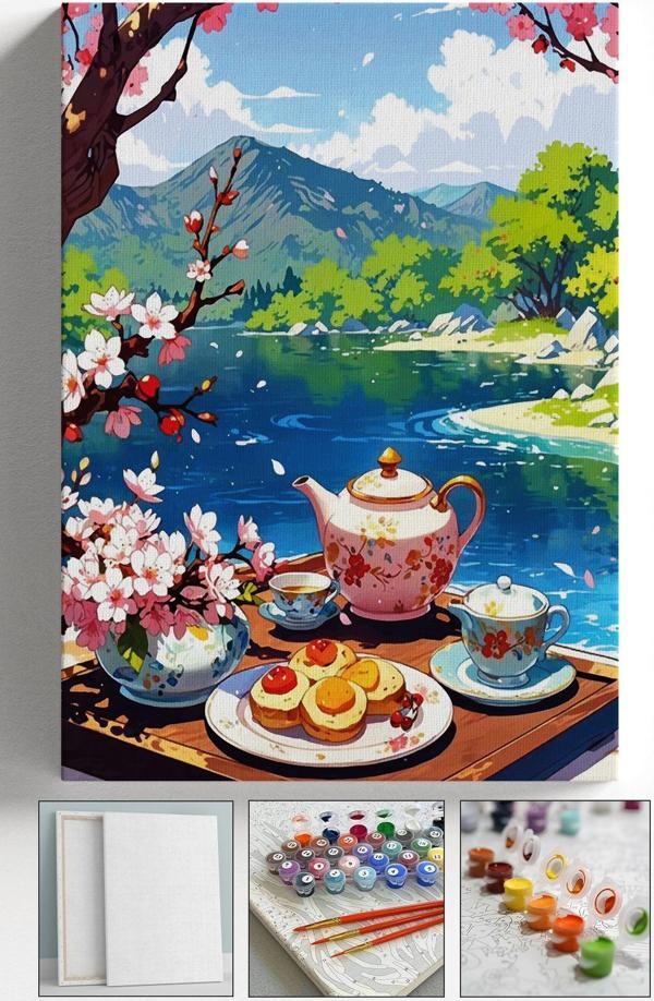 Corvo Sayılarla Boyama Çerçeveli Hobi Seti Numaralı Tuval Fırça Boya Dahil Kasnaklı Kahvaltı 40X50 Cm - Image 1