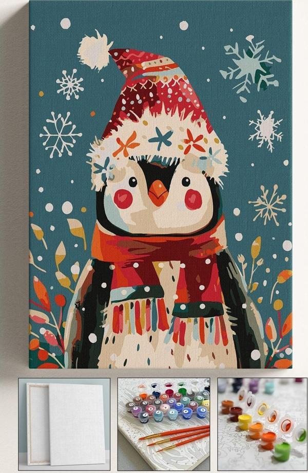 Corvo Sayılarla Boyama Çerçeveli Hobi Seti Numaralı Tuval Fırça Boya Dahil Kasnaklı Şirin Penguen 40X50 Cm - Image 1