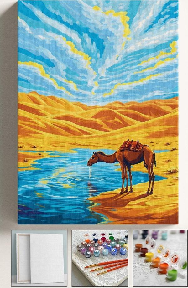 Corvo Sayılarla Boyama Tuval Seti Fırça Boya Dahil (Çıtalı) 40X50 Cm - Çöl Ve Deve - Image 1