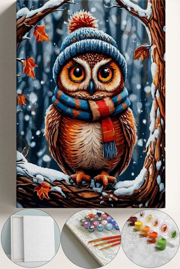 Corvo Sayılarla Boyama Çerçeveli Hobi Seti Numaralı Tuval Fırça Boya Kasnaklı 40X50 Cm - Kış Ve Baykuş - Image 1