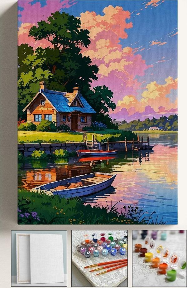 Corvo Sayılarla Boyama Çerçeveli Hobi Seti Numaralı Tuval Fırça Boya Kasnaklı 40X50 Cm Göl Kenarı - Image 1