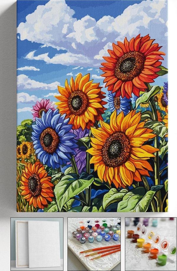 Corvo Sayılarla Boyama Tuval Seti Fırça Boya Dahil (Çıtalı) 40X50 Cm - Renkli Ayçiçeği - Image 1