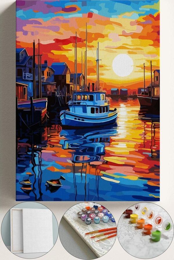 Corvo Sayılarla Boyama Çerçeveli Hobi Seti Numaralı Tuval Fırça Boya Kasnaklı 40X50 Cm Gün Batımı Tekne - Image 1