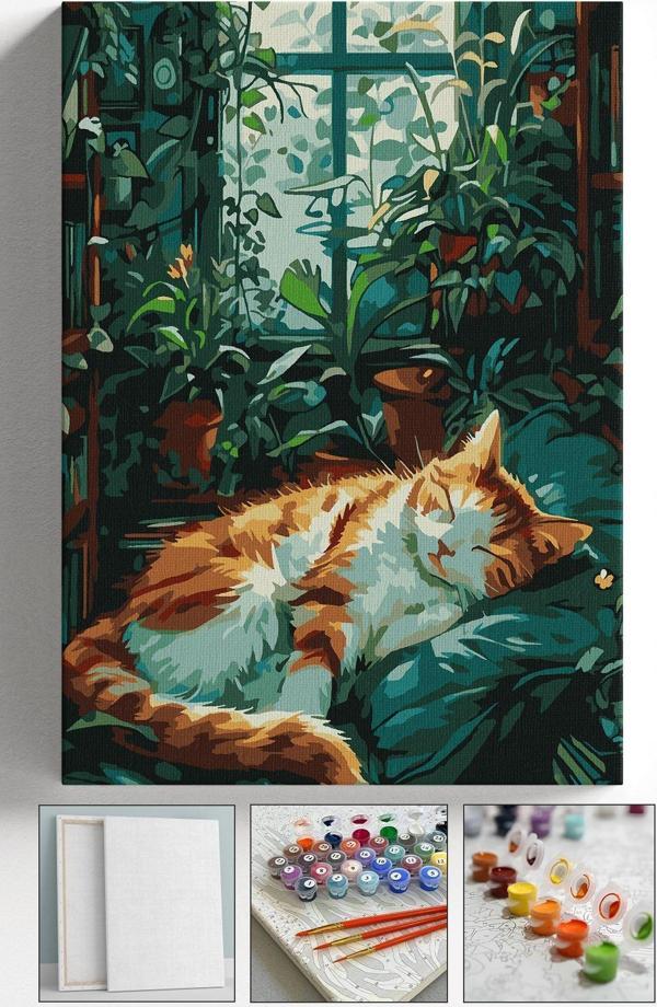 Corvo Sayılarla Boyama Tuval Seti Fırça Boya Dahil (Çıtalı) 40X50 Cm - Uyuyan Kedi - Image 1