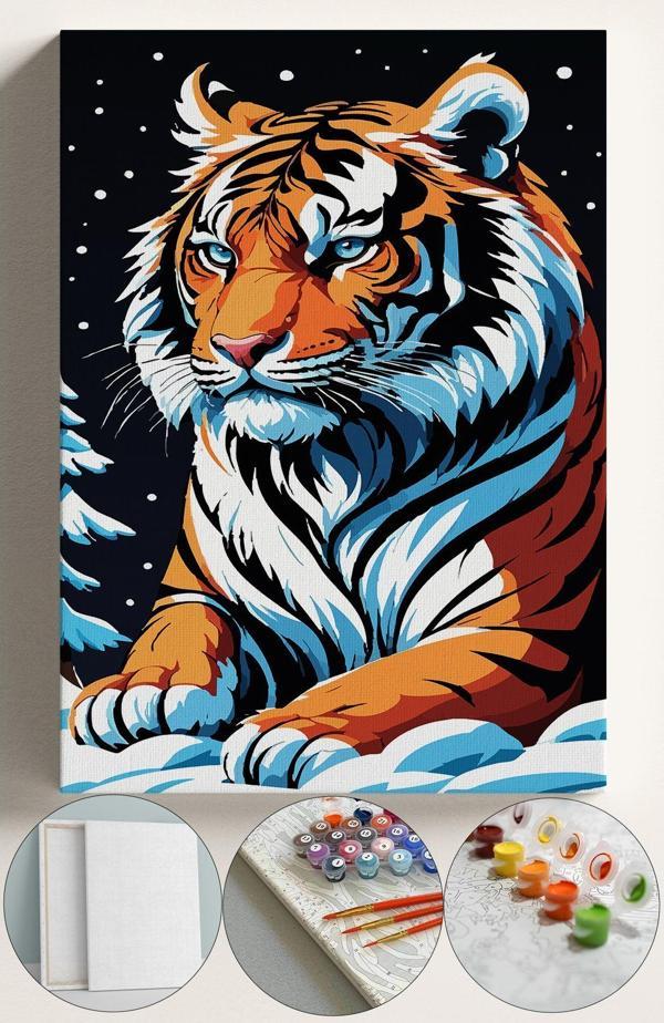 Corvo Sayılarla Boyama Çerçeveli Hobi Seti Numaralı Tuval Fırça Boya Kasnaklı 40X50 Cm Kaplan Karda - Image 1