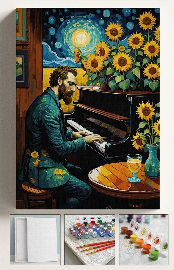 Corvo Sayılarla Boyama Tuval Seti Fırça Boya Dahil (Çıtalı) 40X50 Cm - Vincent Van Gogh Piano - Image 1