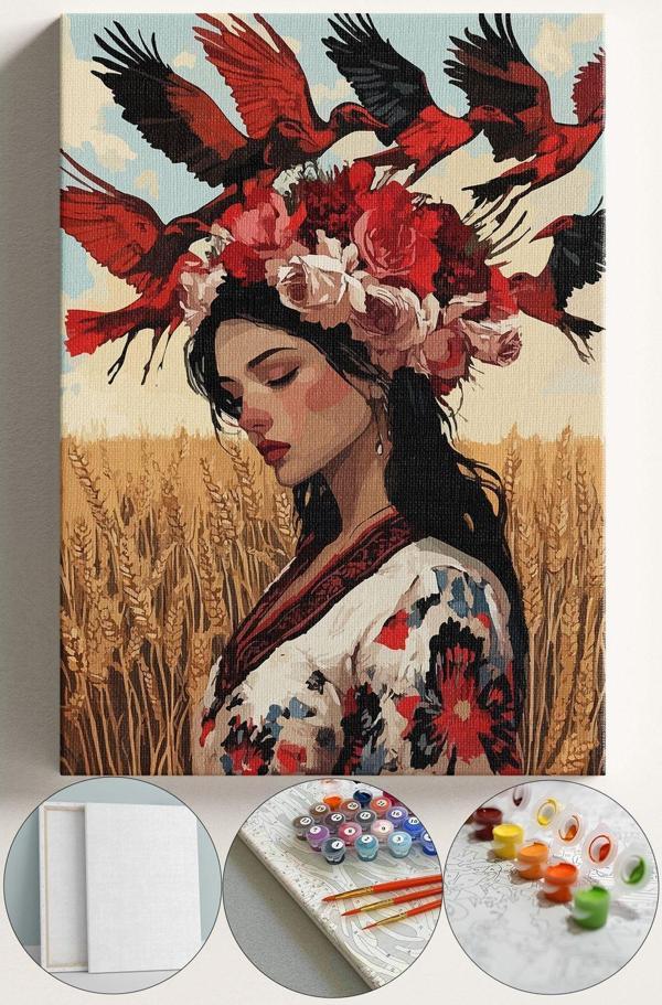Corvo Sayılarla Boyama Çerçeveli Hobi Seti Numaralı Tuval Fırça Boya Kasnaklı 40X50 Cm Uçan Kuş Ve Kadın - Image 1