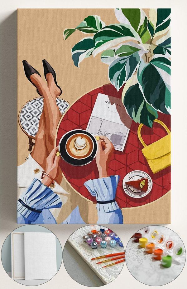 Corvo Sayılarla Boyama Çerçeveli Hobi Seti Numaralı Tuval Fırça Boya Kasnaklı 40X50Cm Kahve İçen Kadın - Image 1