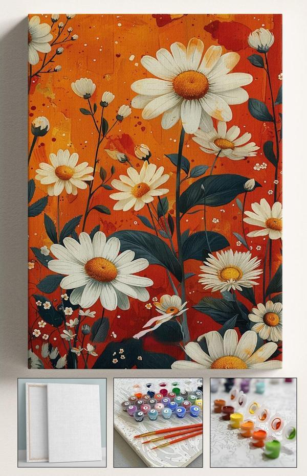 Corvo Sayılarla Boyama Çerçeveli Hobi Seti Numaralı Tuval Fırça Boya Papatyalar Dahil Kasnaklı 40X50 Cm - Image 1