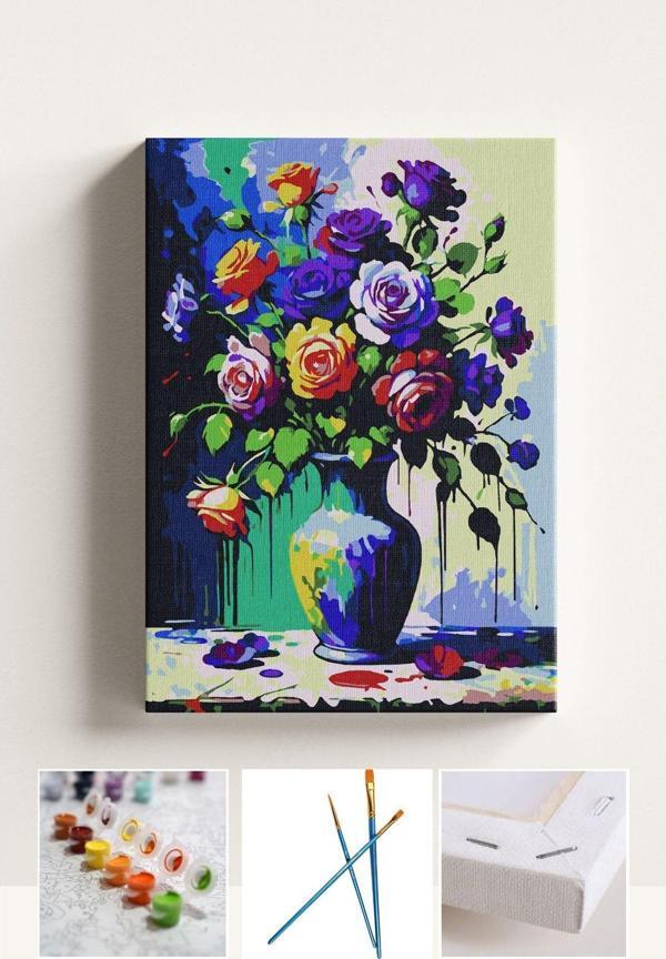 Corvo Sayılarla Boyama Çerçeveli Hobi Seti Numaralı Tuval Renkli Güller Fırça Boya Dahil Kasnaklı 40X50 Cm - Image 1