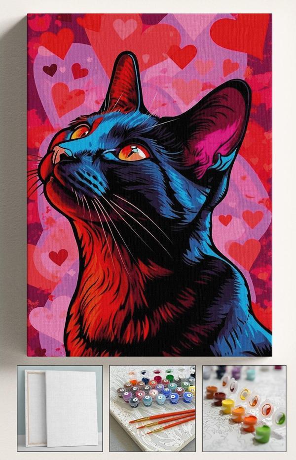 Corvo Sayılarla Boyama Hobi Seti Çerçeveli Kalpli Siyah Kedi Kasnaklı 40X50Cm - Image 1