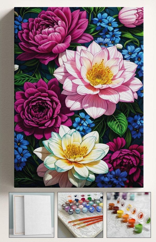 Corvo Sayılarla Boyama Hobi Seti Çerçeveli Numaralı Tuval Fırça Boya  Kasnaklı Şakayık Çiçekler 40X50 Cm - Image 1