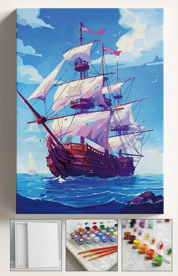 Corvo Sayılarla Boyama Hobi Seti Çerçeveli Numaralı Tuval Fırça Boya Dahil Kasnaklı Gemi 40X50 Cm - Image 1