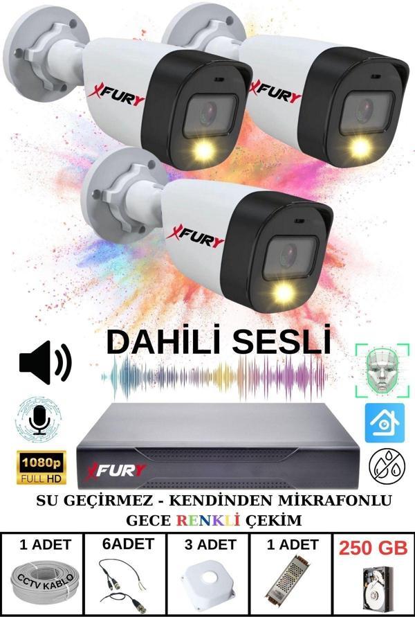 FURY 3 LÜ Sesli Gece Renkli Görüş Güvenlik Kamerası Su Geçirmez Güvenlik Kamerası Seti 250GB - Image 1
