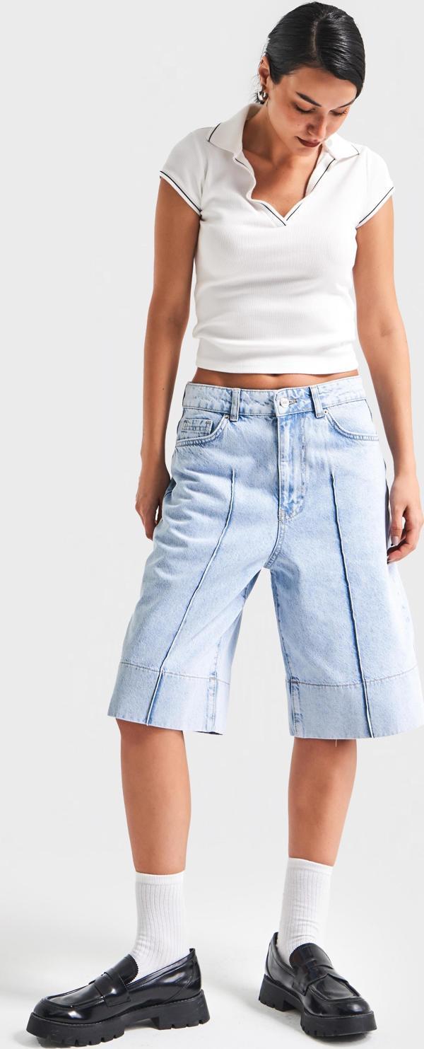 Kadın Snow Kot Rengi 3S5-3 Maxi Boy Baggy %100 Koton Denim Şort - Image 1