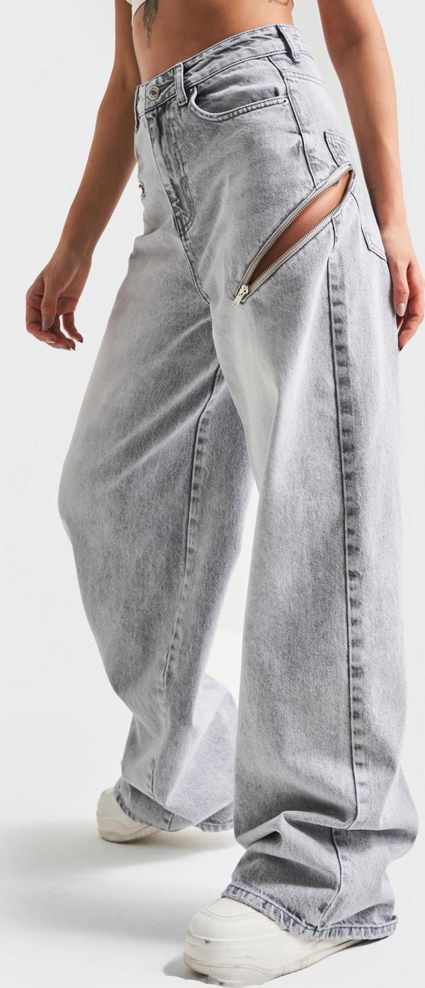 Kadın Gri Renk 4S5-12 Palazzo Fit Bol Kesim %100 Koton Fermuar Detaylı Tasarım Denim Jean - Image 1