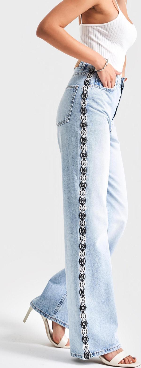 Kadın Kot Rengi D-4S5-3 Dantel Şerit Detaylı Straight Fit Yüksek Bel %100 Koton Tasarım Denim Jean - Image 1