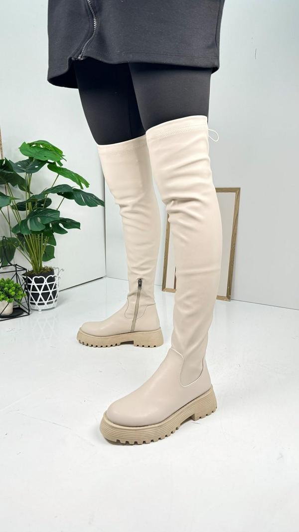 Günlük Kadın Çizme Streç Kalın Topuklu Tırtıklı Taban Oval Burunlu Esnek Rahat Fermuarlı Dizüstü 230 - Image 1