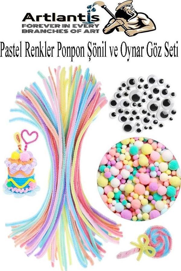 Pastel Renkli Şönil Ponpon Oynar Göz Seti 1 Pkt Karışık Pastel Renkler Tüylü Peluş Tel Ponpon Elişi Hobi Okulöncesi Kreş - Image 1