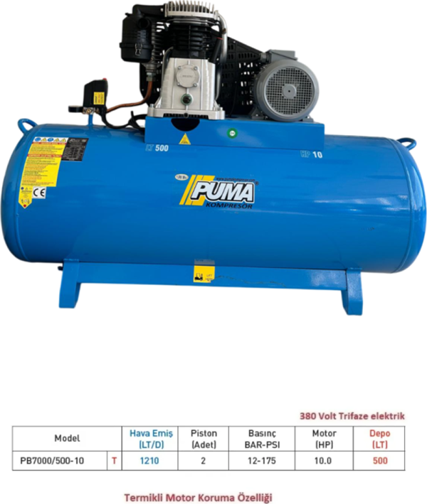 Puma 500 Lt 10 HP HAVA KOMPRESÖRÜ, İTALYAN ALÜMİNYUM KAFALI 12 BAR, 380 V - Image 1