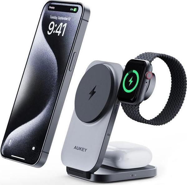 Aukey LC-MC312-GY MagFusion Z Qi2 15W Katlanabilir 3'ü 1 Arada Mıknatıslı Kablosuz Şarj Cihazı - Image 1