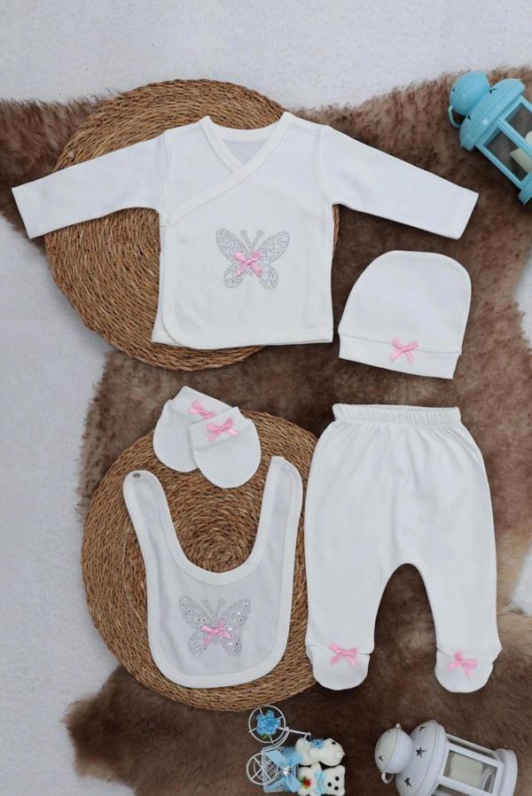 Sema Baby 5 Parça Hastane Çıkışı Zıbın Seti 0-3 Ay - Pink Butterfly - Image 1