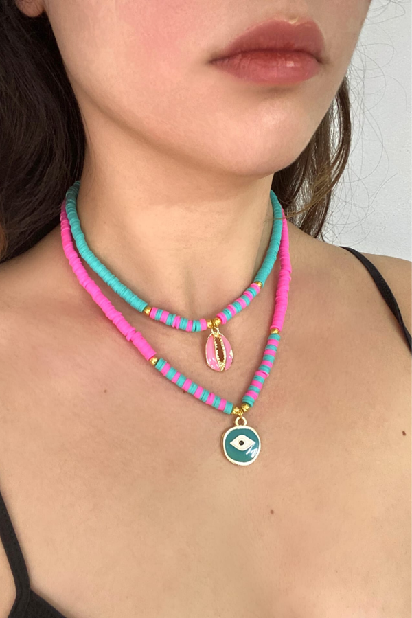 2 Lİ FUŞYA PEMBE PETROL MAVİSİ FİMO KALP MİDYE KOLYE - Image 1