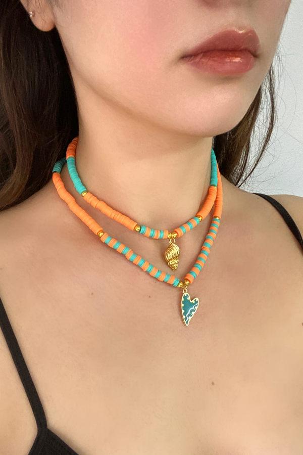 2 Lİ TURUNCU TURKUAZ FİMO KALP MİDYE KOLYE - Image 1