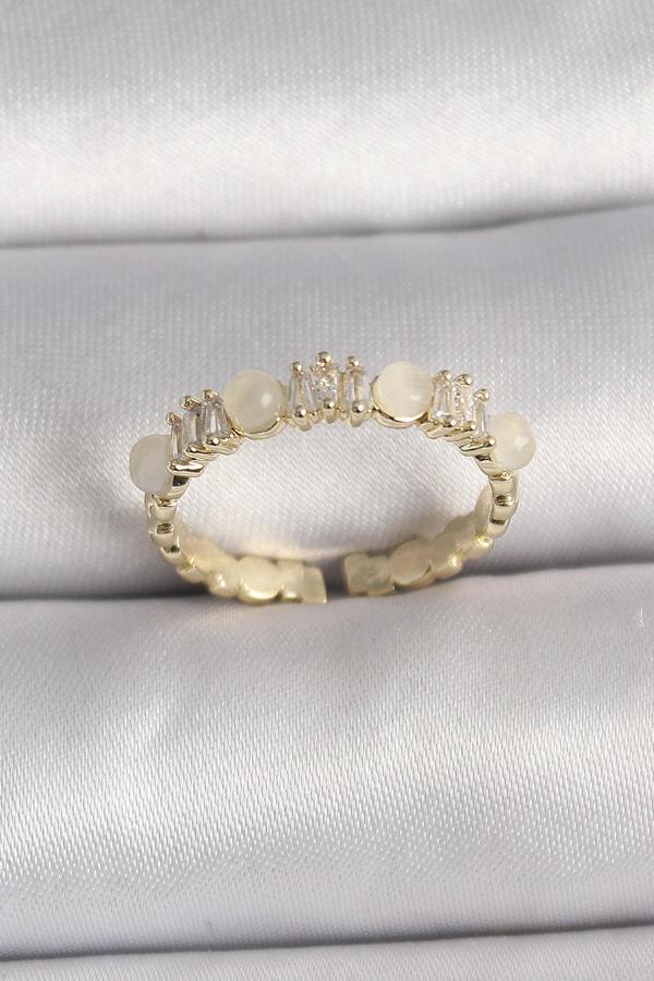 Pirinç Gold Renk Zirkon Taşlı Beyaz Mineli Ayarlanabilir Yüzük - EBJ250113W30579 - Image 1
