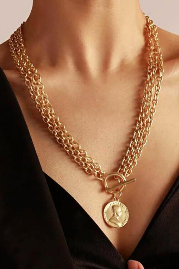 Gold Kaplama Uzun Çoklu Zincir Madalyon Kolye - Image 1