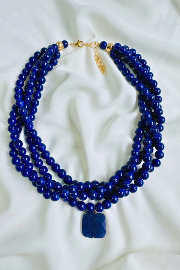 LACİVERT DOĞALTAŞLI ÇOKLU BONCUK KOLYE - Image 1