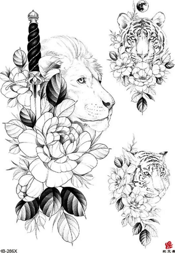 ASLAN KAPLAN ÇİÇEK GEÇİCİ DÖVME TATTOO - Image 1