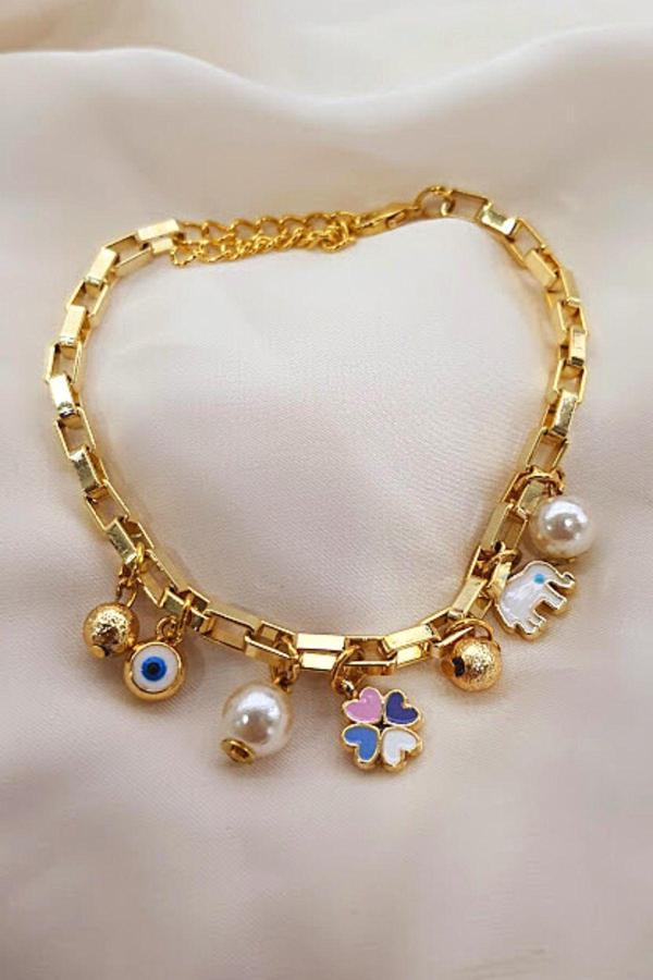 LİLA YONCA FİL NAZAR İNCİ CHARM BİLEKLİK HALHAL GOLD - Image 1