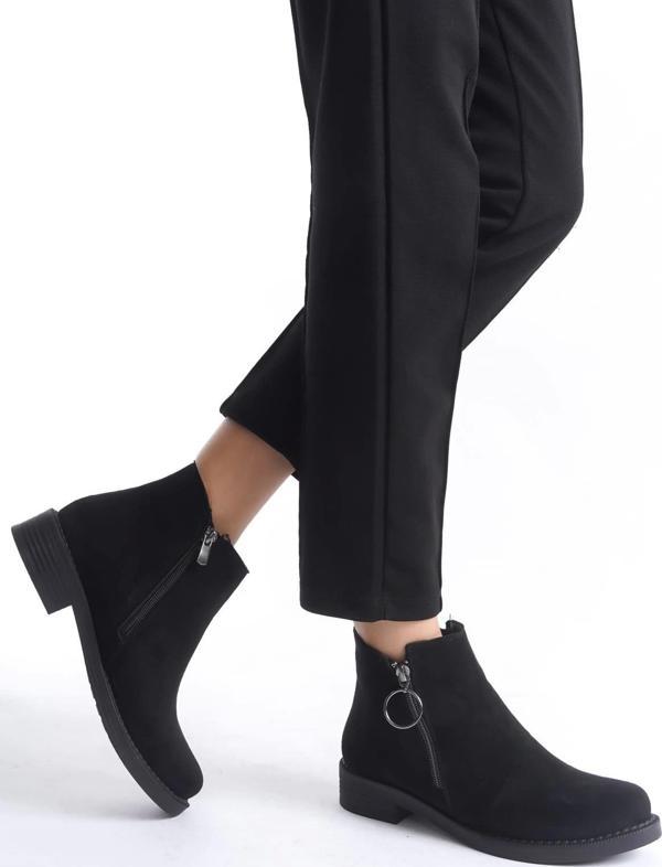 Margaret Fermuarlı Ortopedik Taban Topuklu Süet Kadın Bot - St Siyah - Image 1