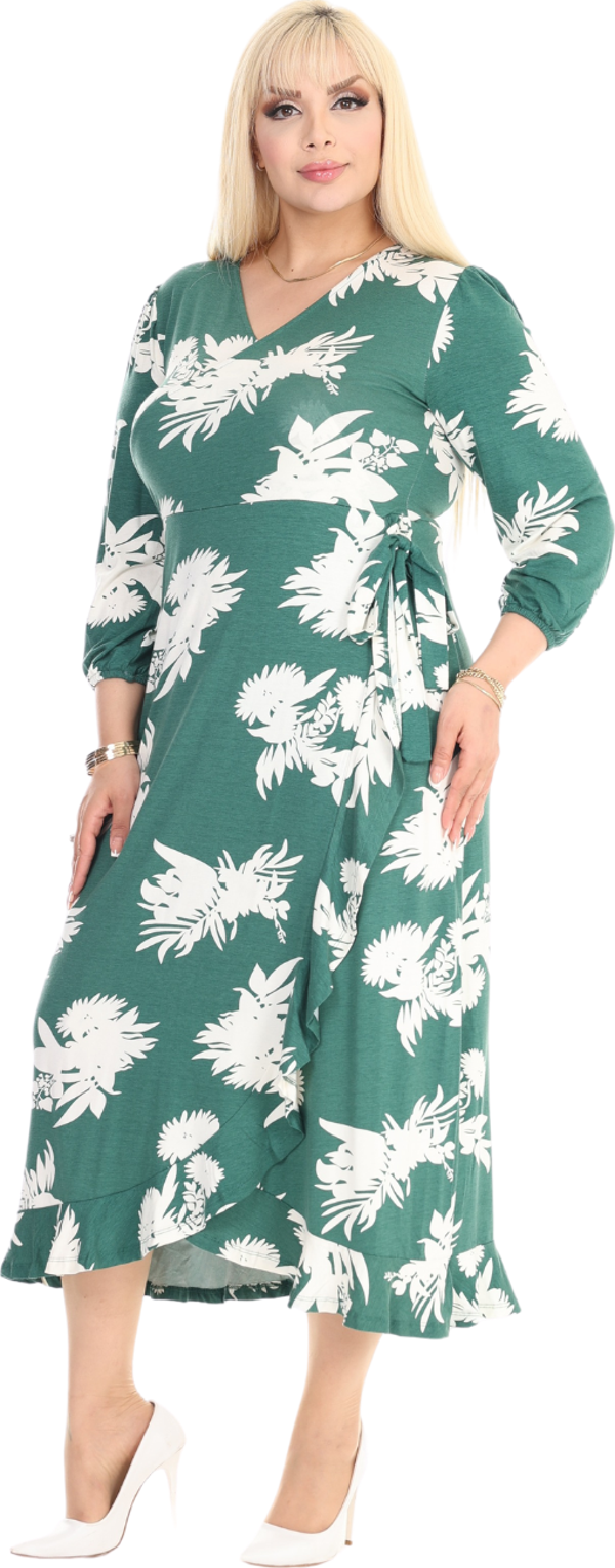 Melsay Butik Kruvaze Yaka Yeşil Beyaz Yaprak Desen Anvelop Etek Midi Elbise - Image 1