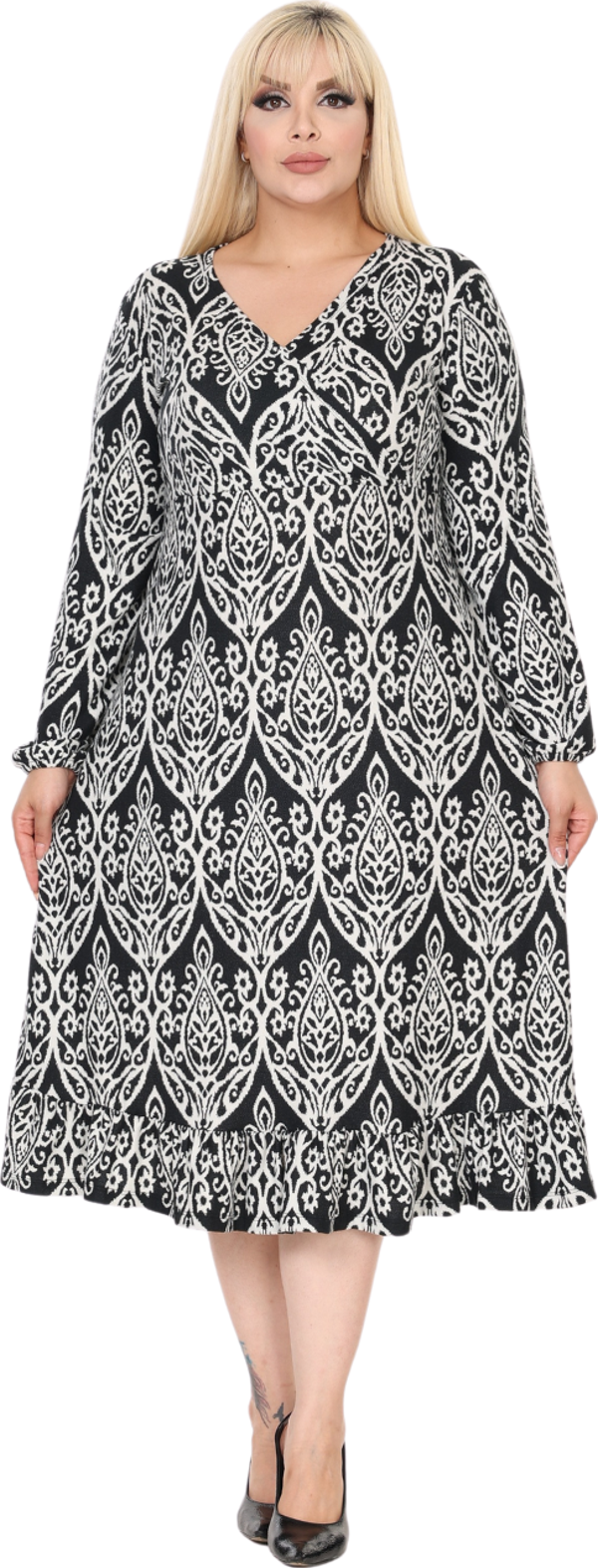 Melsay Butik Yumoş Kumaş Kruvaze Yaka Beyaz Dantel Desen Eteği Fırfırlı Midi Elbise - Image 1