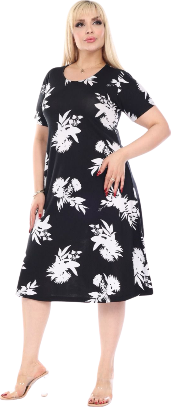 Melsay Butik Siyah Beyaz Yaprak Desen Kısa Kollu Büyük Beden Midi Elbise - Image 1